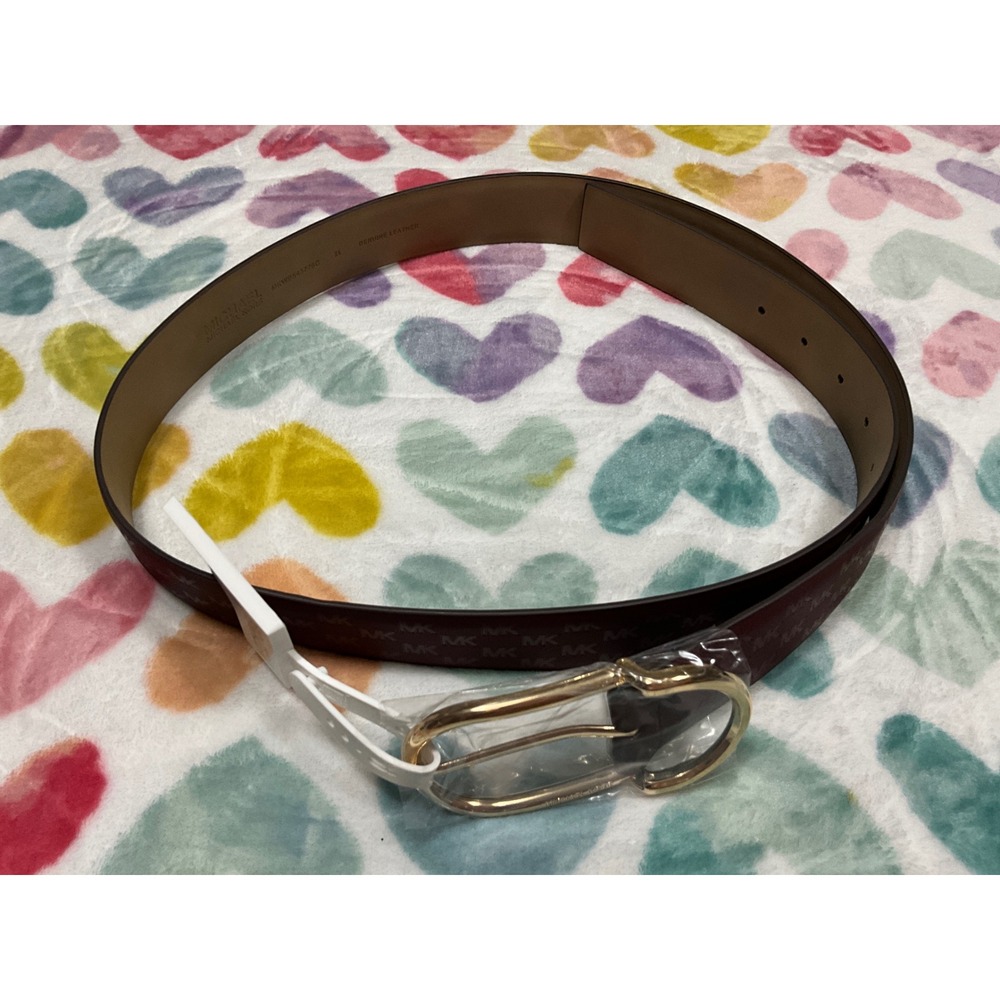 Michael Kors Womens Leather Belt MK Monogram‎ Gold Buckle Burgundy